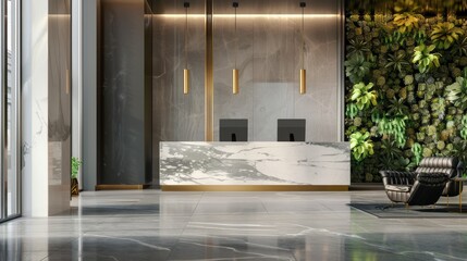 Contemporary Workplace Lobby with Succulent Wall and Marble Reception Desk