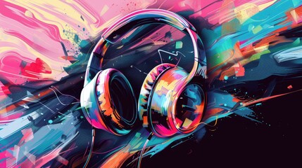 Obraz premium Elevate your audio game: Cutting-edge headphones against a pulsating abstract design.