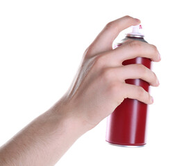 Man with can of spray paint on white background, closeup