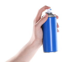 Man with can of spray paint on white background, closeup