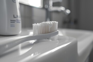 Pristine White Toothbrush with Toothpaste on a Marble Sink - Cleanliness and Hygiene