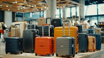 Fototapeta premium Variety of Stylish Luggage Brands Displayed in Busy Airport Setting for Travel Solutions
