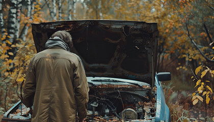 Man looking under hood of broken car outdoors, back view