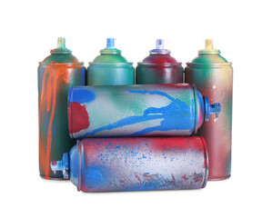 Many spray paint cans isolated on white