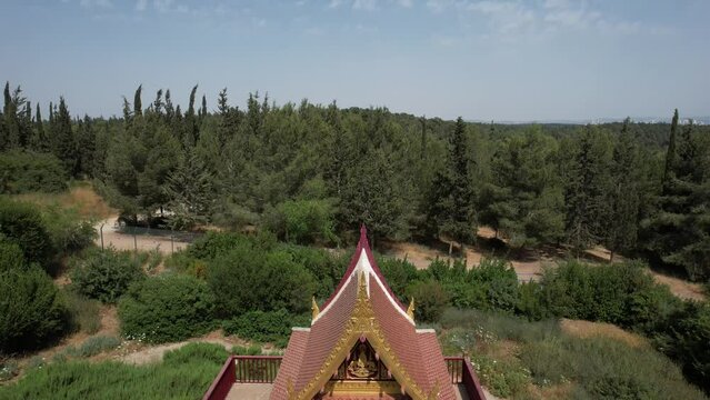 Aerial Panning Shot Of Famous Buddhist Temple , Ben Shemen Forest, Israel