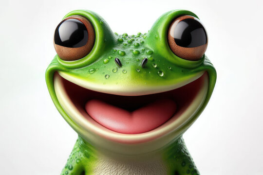funny happy green frog smiling head portrait Isolated on white background