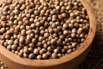 Dried coriander seeds in bowl on table, closeup