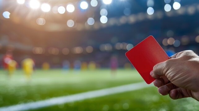 hand of a referee with the red card on a soccer field