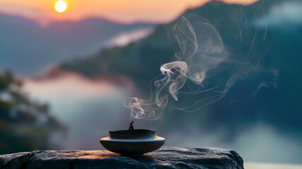 Smoke incense cones on beautiful landscape background on sunset. Meditative scenery .	