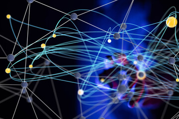 Global network. Blockchain. 3D illustration. Neural networks and artificial intelligence. Abstract