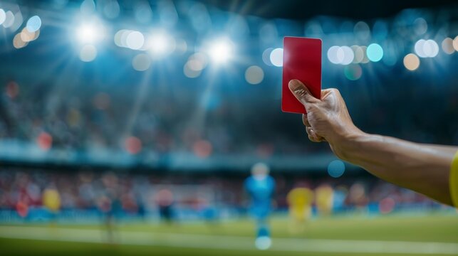 hand of a referee with the red card on a soccer field