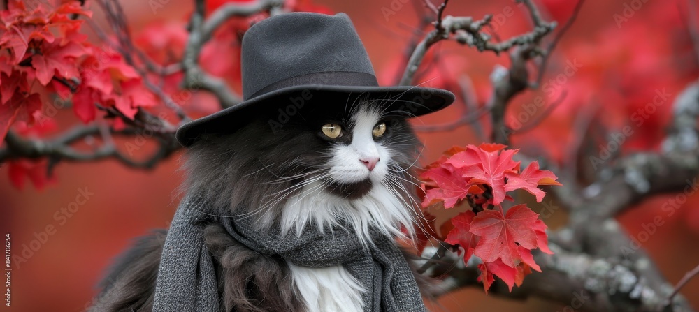 Poster cute cat in hat and scarf on autumn background with ample space for text placement