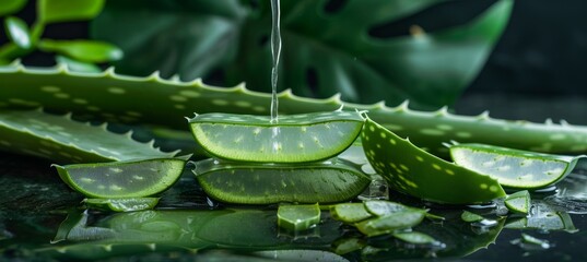 Fresh aloe vera plant dripping liquid with slices, ideal for skincare and natural remedies