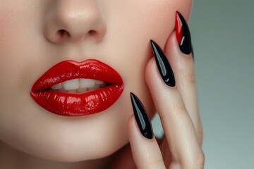 Naklejka premium Closeup of Elegant Red Lips and Black Manicure: Ideal for Fashion, Beauty, and Cosmetic Advertising Projects