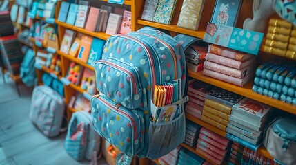 A top view of a backpack filled with children's books, a reading light, and bookmarks, neatly arranged with clear copy space in the center.