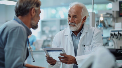 Obraz premium Senior doctor discussing medical results with a patient using a digital tablet in a modern healthcare facility.