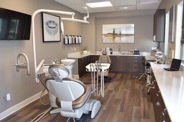 Modern Dental Office Interior with Advanced Equipment and Comfortable Chairs for Patient Care