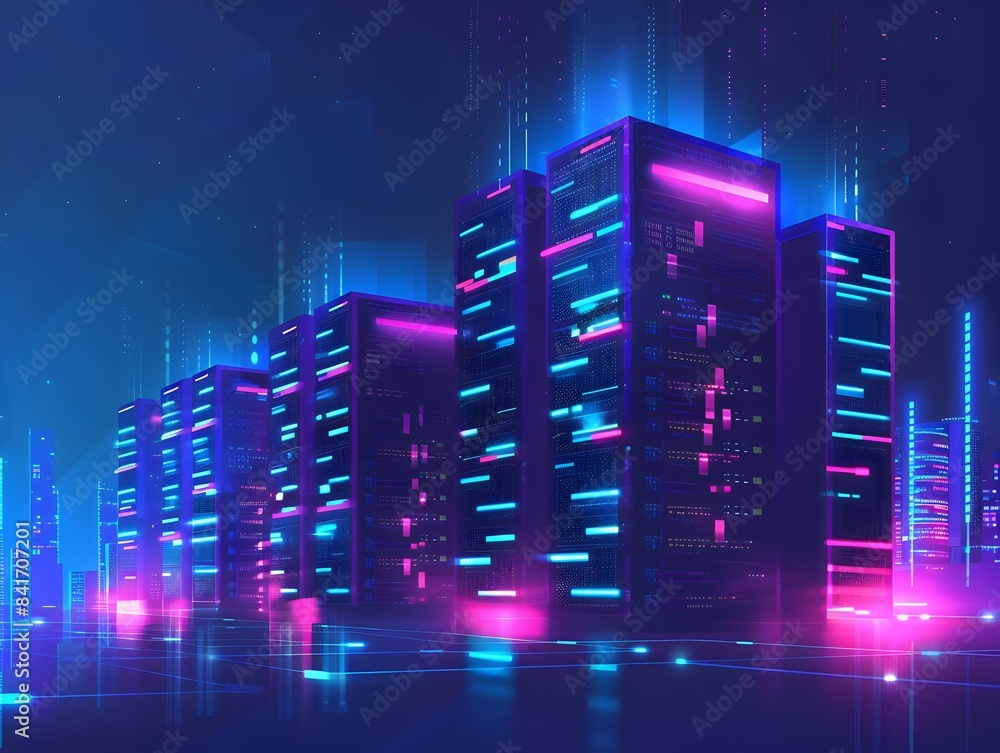 Poster futuristic digital cityscape with neon lit binary code and server racks