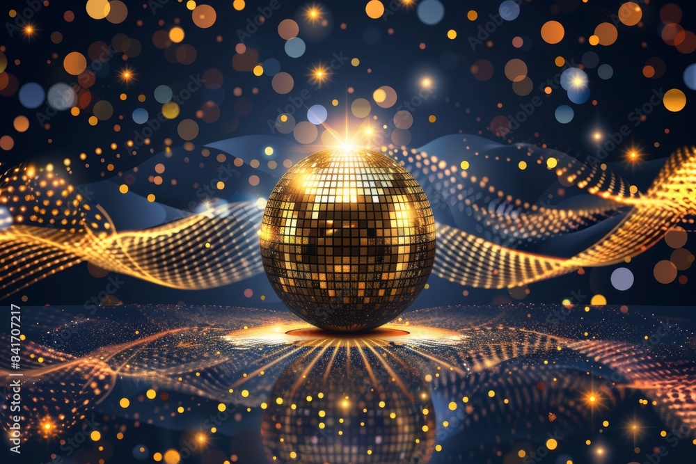 Poster gleaming disco ball illuminated on radiant abstract backdrop, creating a vibrant visual spectacle