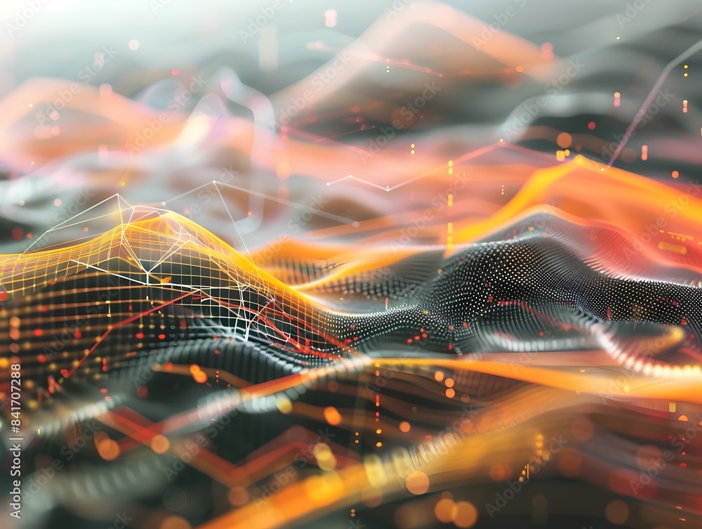 Poster mesmerizing digital art with flowing lights and vibrant gradients depicting a futuristic technologic
