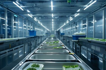 Fototapeta premium High-Tech Facility with Genetically Modified Food Products Ready for Packaging and Distribution