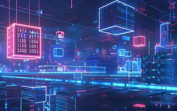 Futuristic Digital Command Center with Glowing Data Cubes and Server Racks in Neon Cyber Landscape