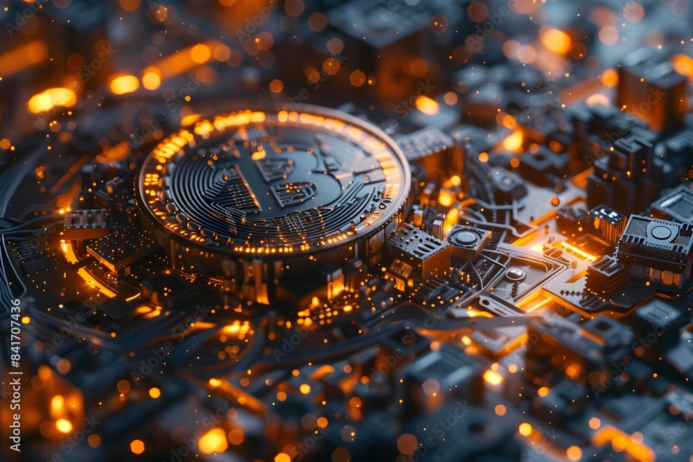 Poster glowing bitcoin cryptocurrency digital technology finance blockchain background