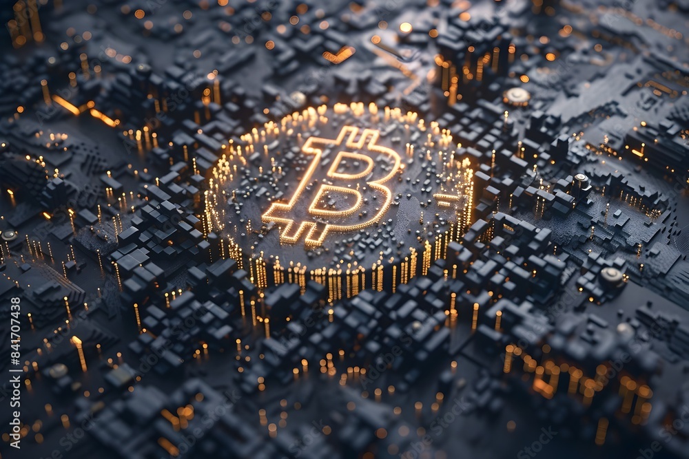Poster glowing golden bitcoin cryptocurrency symbol on abstract blockchain background