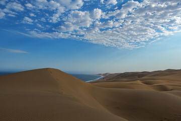 Sandwich harbour dunes, morning, sunrise landscape.. Walvis Bay Namibia Africa.