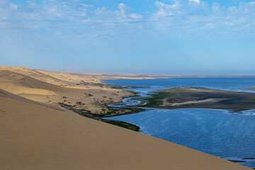 Sandwich harbour dunes, morning, sunrise landscape.. Walvis Bay Namibia Africa.