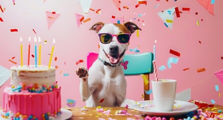 dog with sunglasses blowing party blower in birthday cake, sitting on the black office chair , confetti and candles around, pink background. birthday party, Jack Russell Terrier