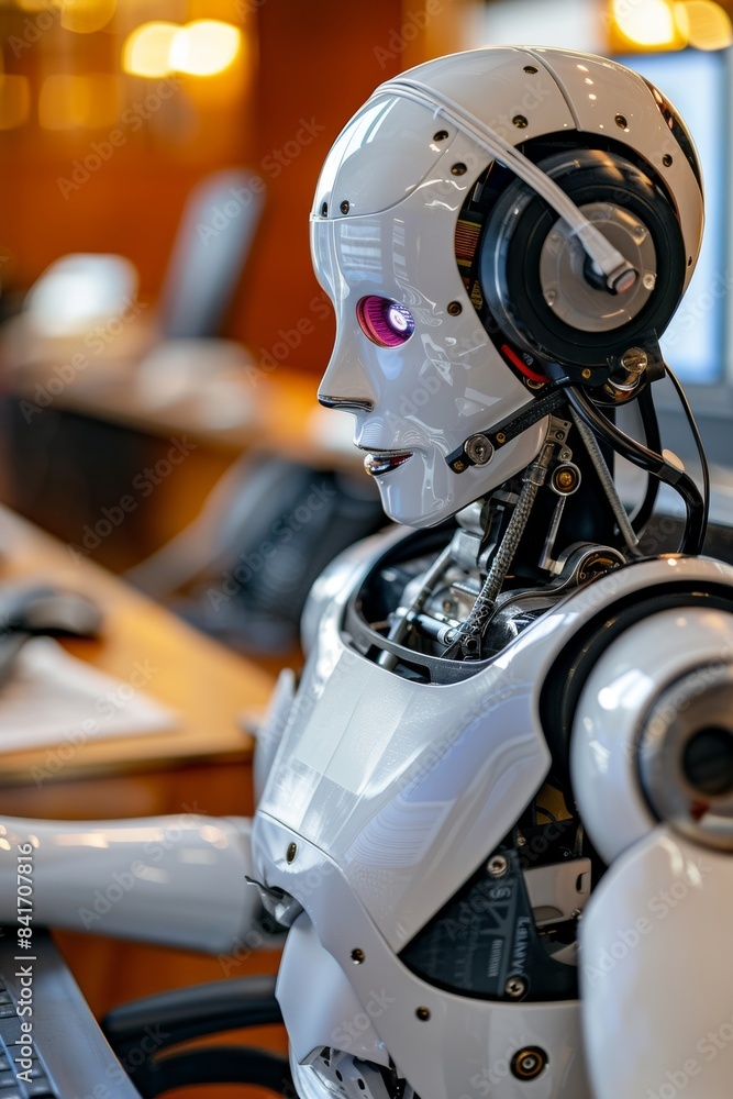 Poster cheerful customer service robot using computer in blurred office setting with ample space for text