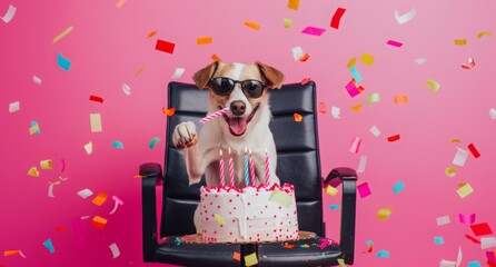 dog with sunglasses blowing party blower in birthday cake, sitting on the black office chair , confetti and candles around, pink background. birthday party, Jack Russell Terrier