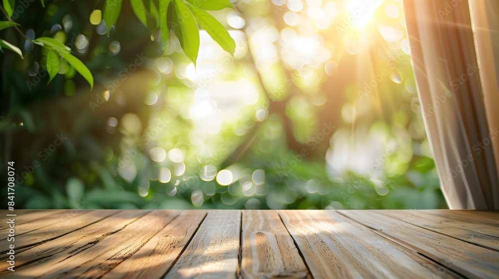 Poster Empty Wooden Table Top with Blurred Curtain Window and Sunlit Garden Backdrop for Product Display or Design Layout