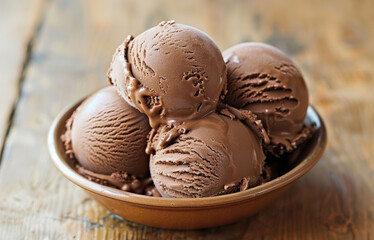 A bowl of chocolate ice cream. The ice cream is melting slightly, and there are three visible scoops. The bowl is sitting on a wooden table.
