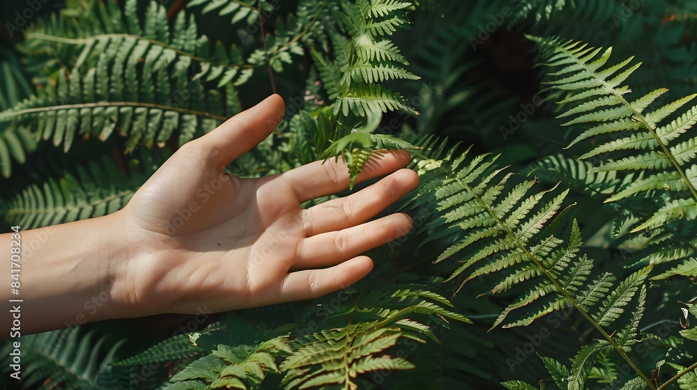 Wall mural delicate woman s hand gently touching lush fern leaf in natural environment symbolizing connection b