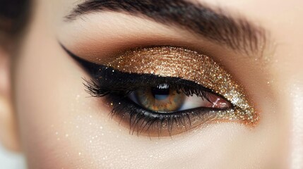 The model is wearing a stunning gold glitter eye makeup look. Her eyes are highlighted with a shimmery gold eyeshadow and have a dramatic winged eyeliner. 