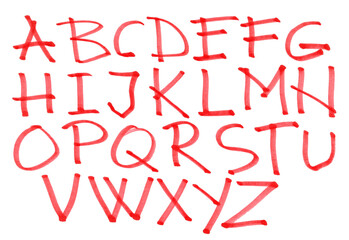 Grunge scribble alphabet, letters red marker isolated on white background	