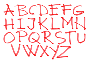 Grunge scribble alphabet, letters red marker isolated on white background	