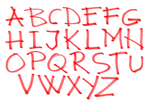Grunge scribble alphabet, letters red marker isolated on white background	