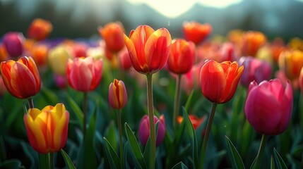 A field of red tulips in full bloom. The tulips are of various shades of red, from light pink to deep red. 