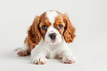 Cute Cavalier King Charles Spaniel Puppy on White Background