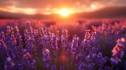 A field of lavender in bloom at sunset. The lavender is in focus, while the background is blurred...