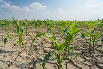 Naklejka premium Genetically Modified Cornfield Thriving Amid Drought Conditions with Dry, Cracked Soil