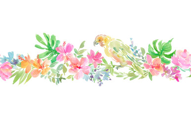 Seamless pattern with an abstract watercolor design featuring tropical flowers, such as hibiscus and monstera leaves, along with a parrot on a transparent background