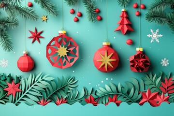 The ornaments are made of red and gold paper, and the branch is decorated with green leaves and red berries. The background is a light blue color, and there is a white snowflake in the corner.