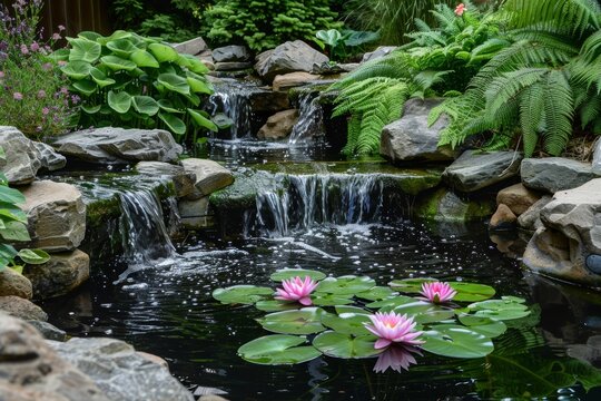 Serene Garden with Waterfall and Pond Featuring Lilies, Ferns, and Blooming Flowers - Ideal for Tranquil Retreats
