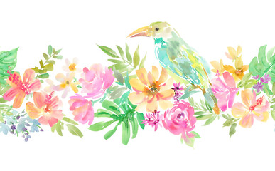 Seamless pattern with an abstract watercolor design featuring tropical flowers, such as hibiscus and monstera leaves, along with a tucan on a transparent background