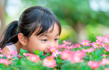 Fototapeta premium A little girl Japanese lies with a smile in a flower field, surrounded by daisies and other flowers. Concept: joy, childhood, nature, fun, carefree. ticks in nature