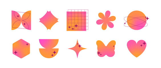 Modern abstract shapes with grain texture. Gradient blur heart, butterfly, flower design stickers, icons in pink, orange colors with sparckles isolated on white background. Vector illustration